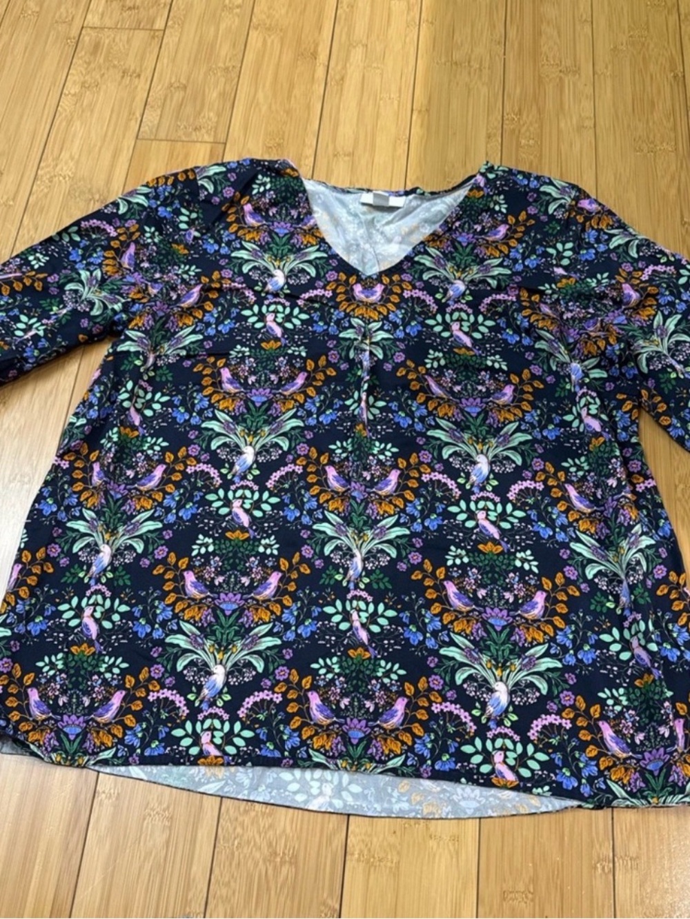 J Jill Bird Print Tunic Top Womens Multicolor Boho 3/4 sleeve blouse M